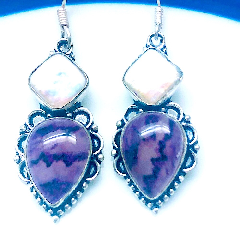 Sterling Silver Amethyst Earrings with Biwa Pearls